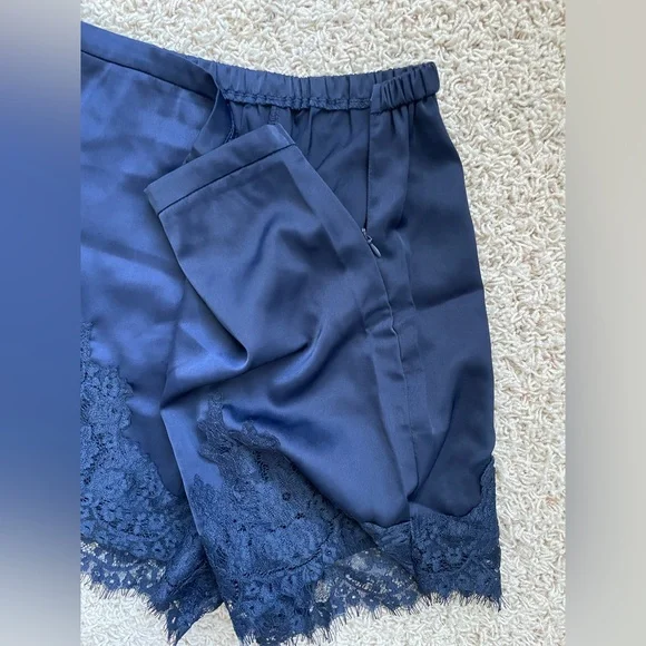 Satin Silk Lace Trim Shorts High Waisted Midnight Blue Size Small NWOT - Picture 3 of 7